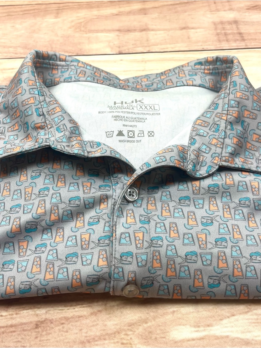 Huk Polo Shirt Men XXXL Grey Multi Cocktail Print Performance All Over Print 3XL
